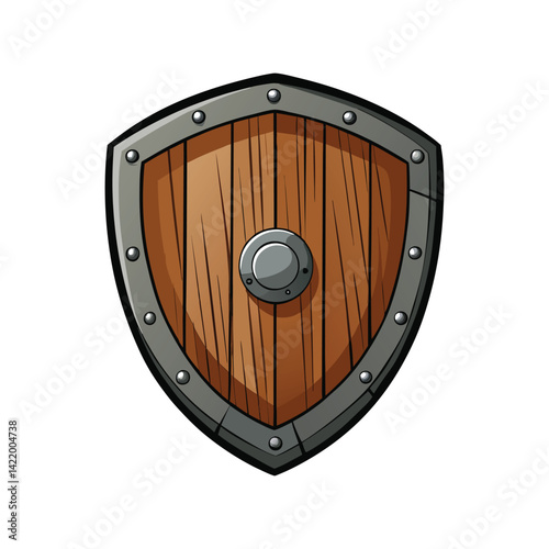 Wooden Shield Vector Illustration. Detailed wood texture, medieval shield design, and rustic style

