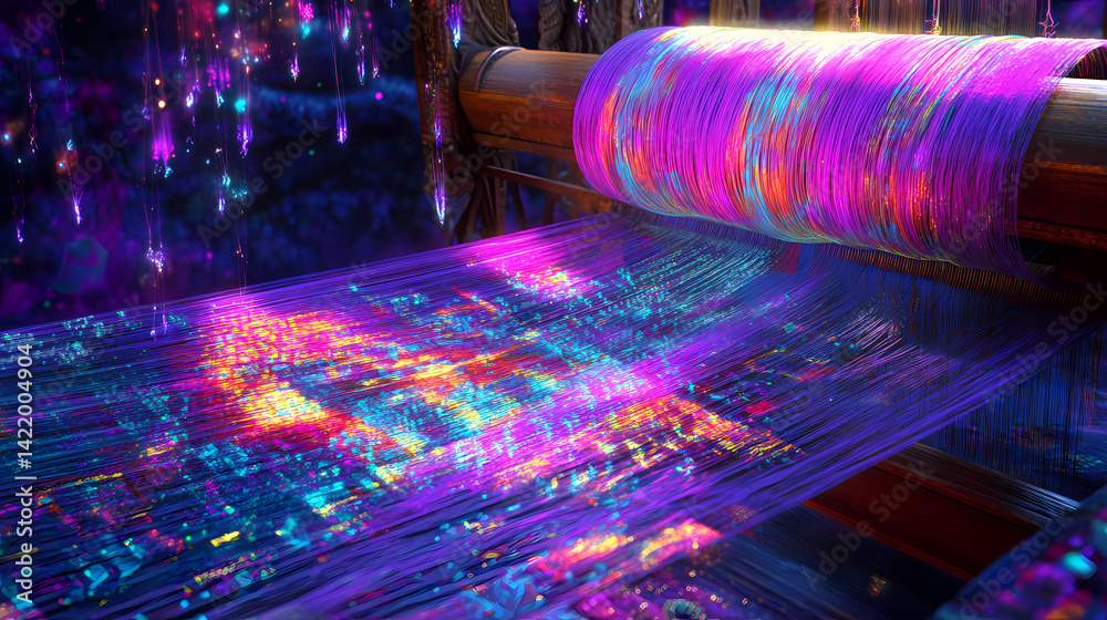 A fantastical loom weaving thai silk under the moonlight, with the fabric glowing in neon colors, as magical threads float and weave themselves into intricate designs. Moonshadow Fabric. Illustration
