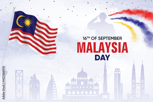 Malaysia Flag Waving On Skyline Background. Malaysia Day Concept Design Vector Illustration.