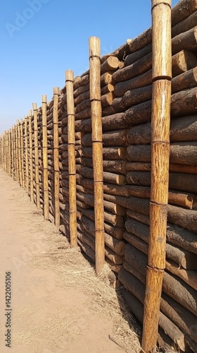 Rural Log Wall under Sunny Sky