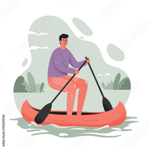 Man paddling red canoe on calm water surrounded by green plants and cloudy sky in outdoor leisure activity 