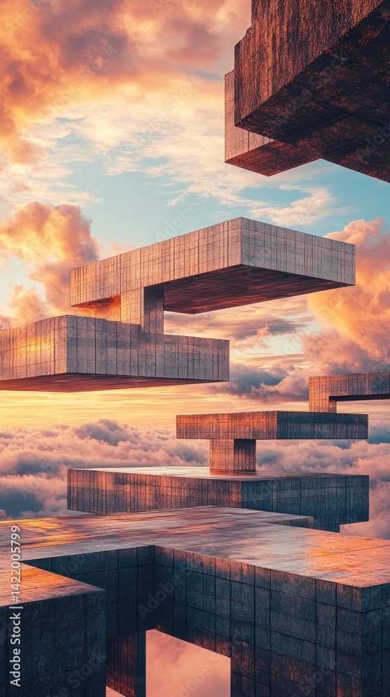 Abstract Concrete Structures Above Clouds at Sunset