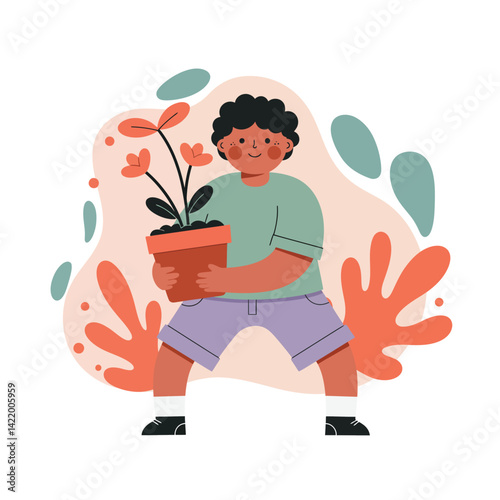 Child holding potted flowering plant with orange and green abstract background in playful illustration style 