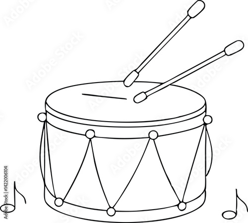 Drum Line Art with Drumsticks, Music Notes, Musical Instrument, Isolated on White