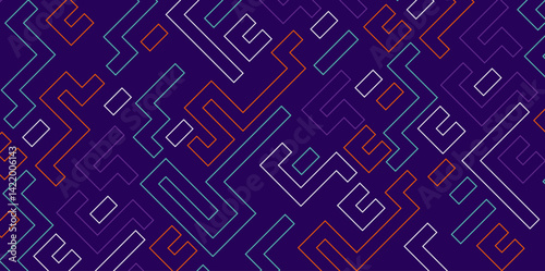 Dark purple background with colorful maze lines