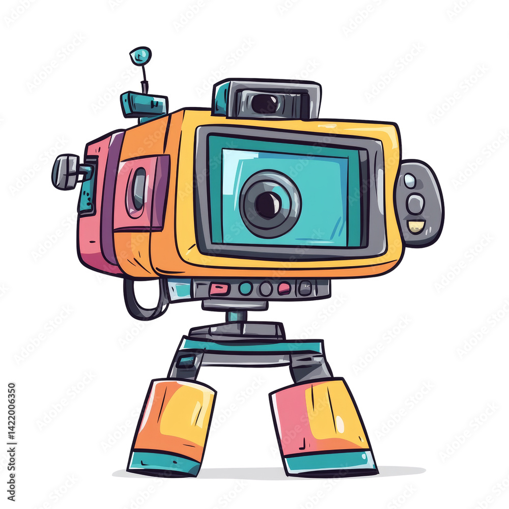 Fototapeta premium Whimsical robot camera cartoon character featuring vibrant retro futuristic aesthetic