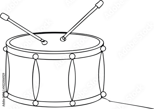 Drum Outline With Sticks on White, Musical Instrument Sketch, Black and White