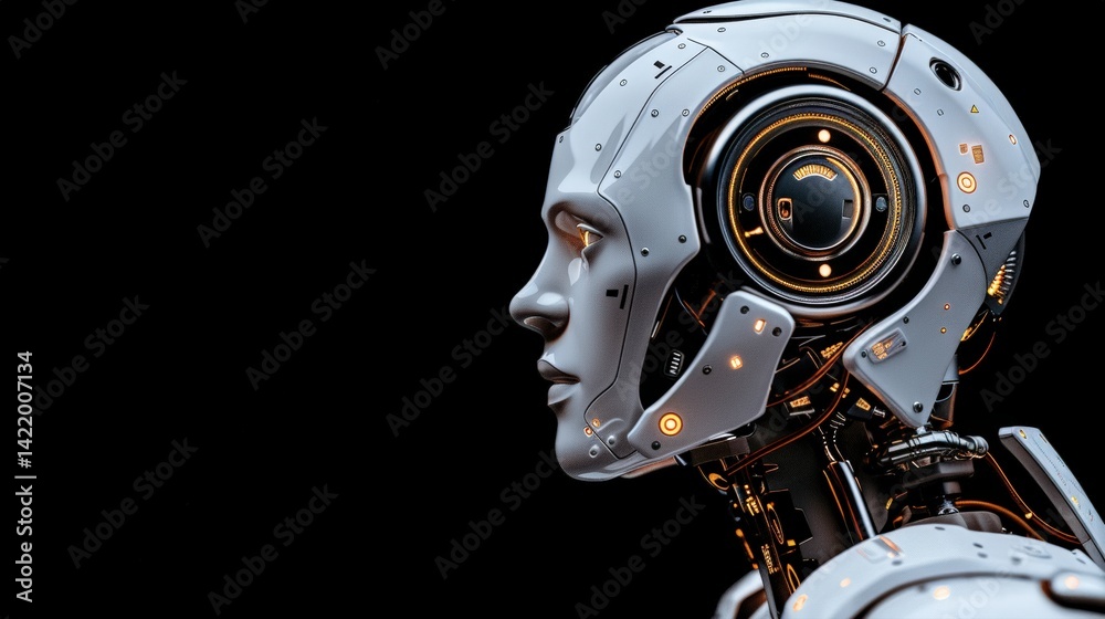 Fototapeta premium Humanoid robotic head designed with cybernetic enhancements and futuristic artificial intelligence technology. Precision-engineered components reflecting innovation in AI-driven automation.