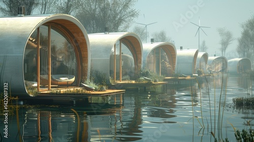 Innovative floating houses designed with eco-friendly materials, powered by renewable energy, integrating sustainable architecture, futuristic waterfront living, wind turbines solar technology.