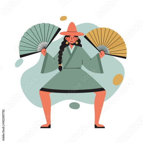 Woman in traditional outfit holding two fans performing cultural dance in green and orange tones