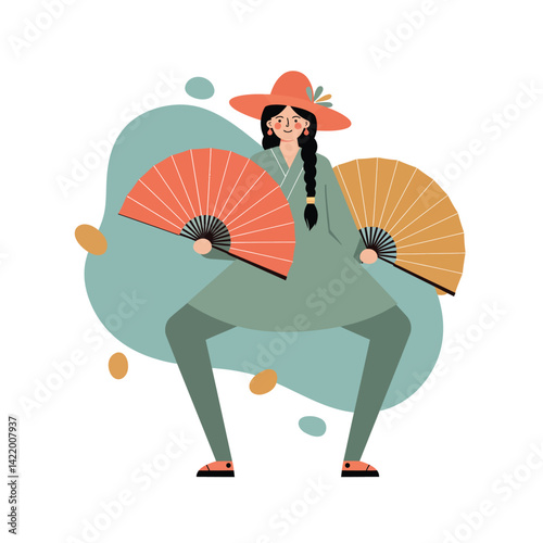 Woman dancing with two colorful fans wearing hat and green outfit modern illustration 