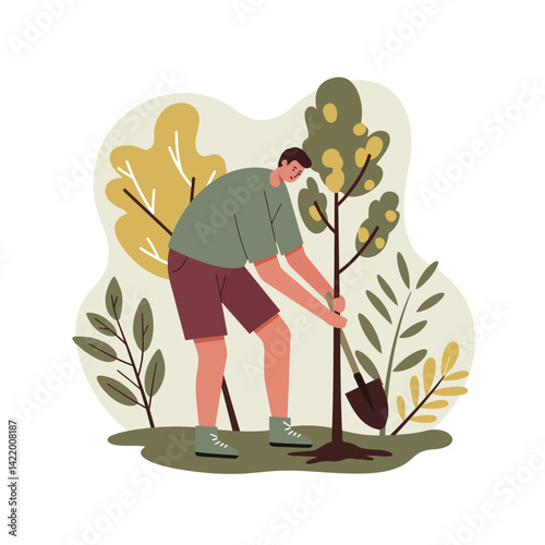 Man planting tree in garden with green and yellow leaves outdoor activity gardening scene 