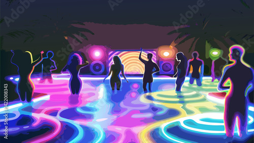 Pool Party Celebration with Colorful Lights at Night  