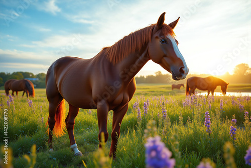 brown horse standing in a field of purple flowers
