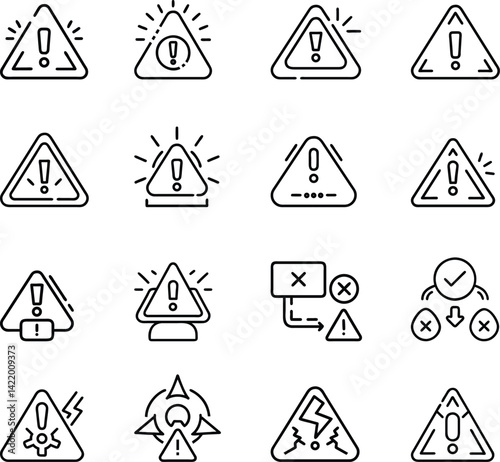 Warning Alert Icons Set. Triangle Error, Alert, Warning Symbols with Exclamation Mark Line Symbols Collection