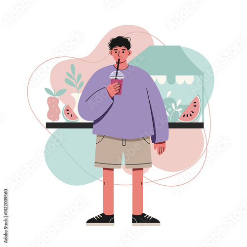 Young man sipping drink in casual outfit with watermelon background in modern flat style illustration 