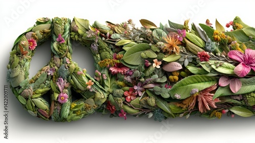 Peace Symbol Crafted from Leaves and Flowers Celebrating Nature's Beauty and Harmony