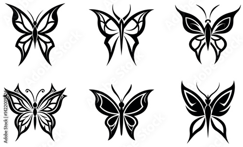 Tribal Butterfly Vector Icons Set – Black Tattoo Style Insect Illustrations