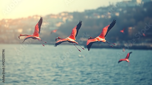 Pink Flamingos in Flight Over Calm Water at Sunset