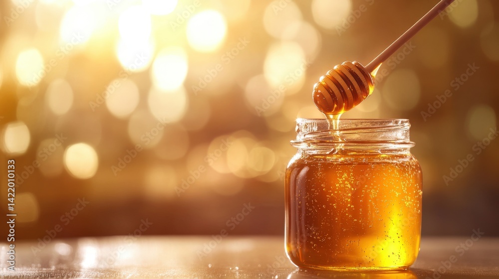 A glass jar full of honey with a wooden dipper A glass jar full of honey with a wooden dipper