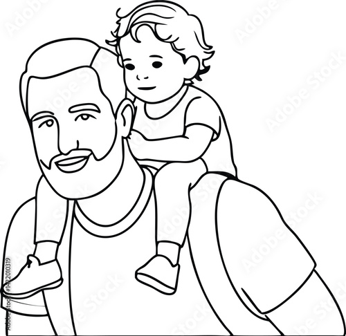 Line Art Bearded Dad Carries Child Piggyback, Fatherhood, Family Bonding, Outline