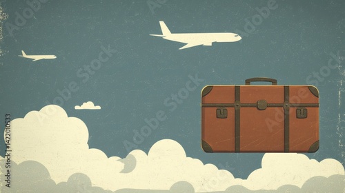 Giant suitcase hovering in clouds, symbol of escapism and air travel, dreamy atmosphere with abstract style