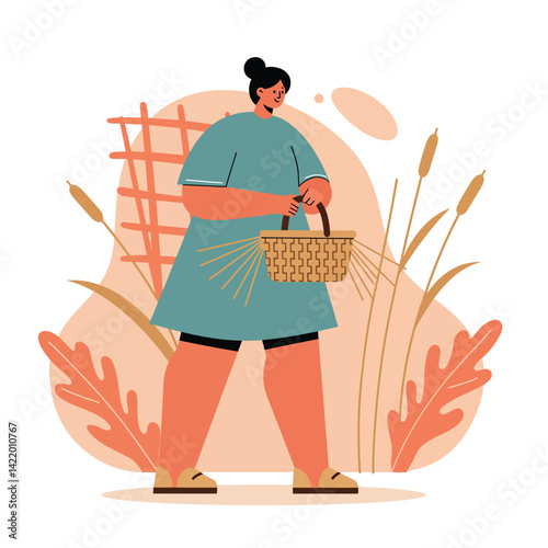 Woman walking with woven basket in nature scene with abstract plants and leaves in warm tones 