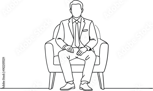 Line Art Businessman Sitting Comfortably in Armchair, Minimalist Black and White Design