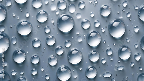 A high-resolution, close-up photograph featuring numerous water droplets on a smooth, light gray surface.
