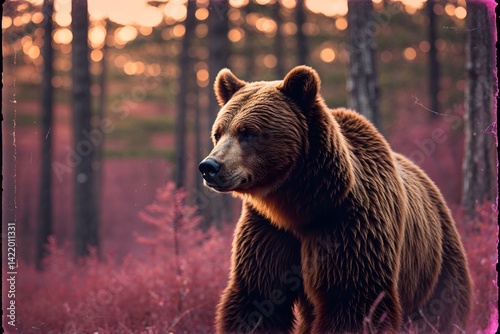 Brown bear in the forest at sunset.