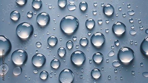 A high-resolution, close-up photograph featuring numerous water droplets on a smooth, light gray surface.