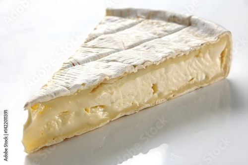 Soft creamy wedge of brie cheese with white rind on glossy white background, gourmet dairy close-up