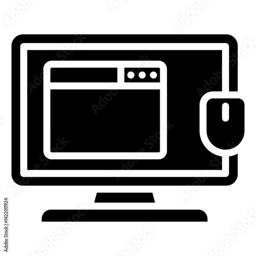 Workplace Glyph Icon, Computer Screen Displaying a Browser Window with Mouse