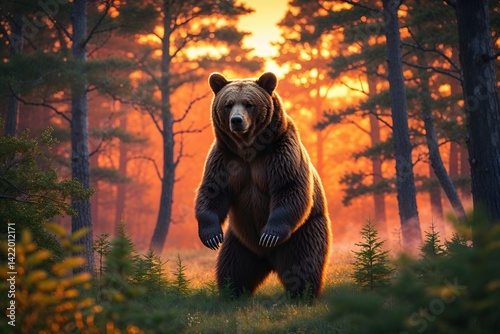 Brown bear in the forest at sunset.