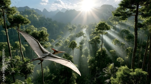 Pterodactyl Soaring Over Lush Prehistoric Jungle Landscape at Sunrise