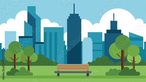 urban park with city skyscrapers backdrop