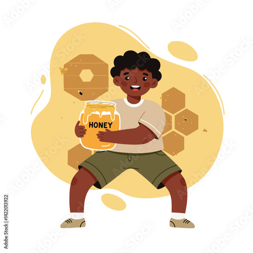 Young boy holding large honey jar with hexagonal honeycomb background and yellow tones natural flow 