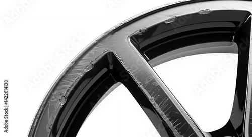 Damaged Black Alloy Wheel Rim with Deep Scratches on White Background