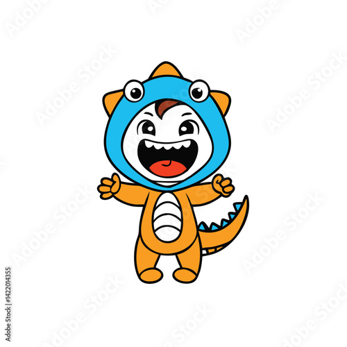 flat cartoon boy in dinosaur hoodie roaring