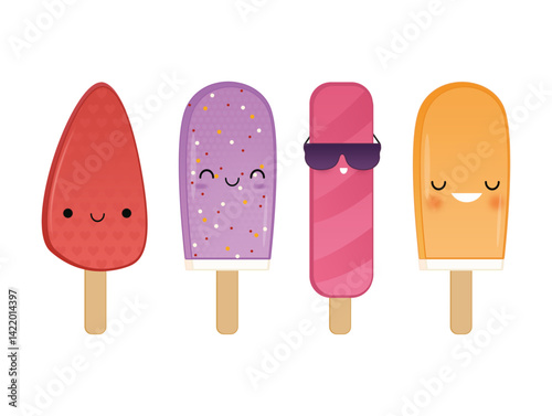 Ice cream sticks in different flavors and colors, fun illustration in vector