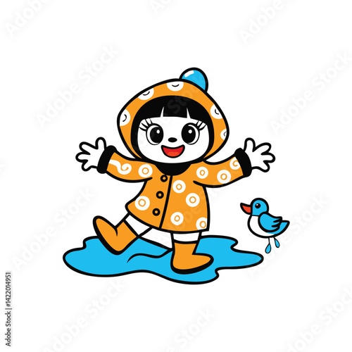 cute chibi style girl in raincoat with duck boots