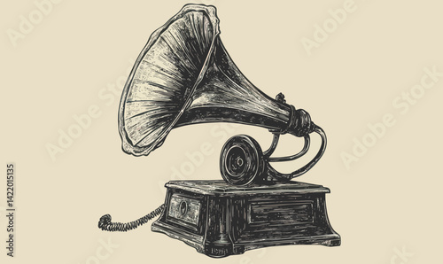 Vintage Phonograph Gramophone Retro Engraved Sketch Art for Nostalgic Music Lovers
