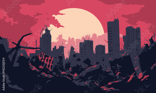 Apocalyptic Ruined Cityscape at Twilight After Battle Destruction Concept Art