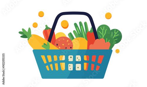 Colorful Shopping Basket with Fresh Fruits and Vegetables in Minimalist SVG Vector Style