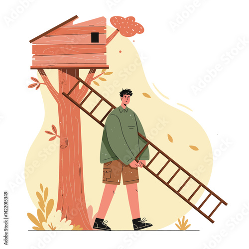 Person carrying wooden ladder near treehouse in autumn outdoor setting with beige background illustration 