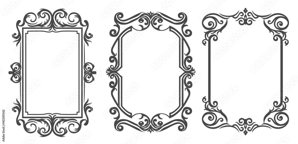 Retro vintage frames borders ivy curl vector illustration elegant square shape for card flower classic black simple outline.