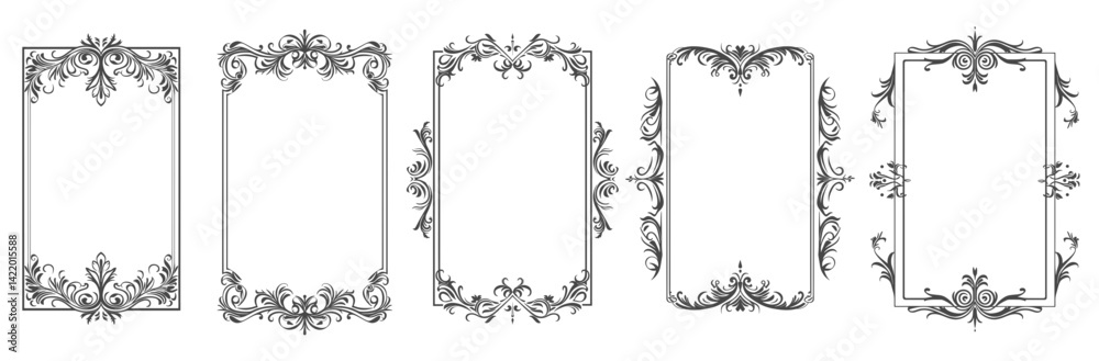 Retro vintage frames borders ivy and flower curl vector illustration elegant square shape for card flower classic black outline.