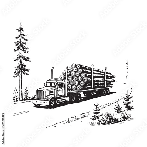 winter landscape with a train Black and White Logging Truck Illustration with Forest 