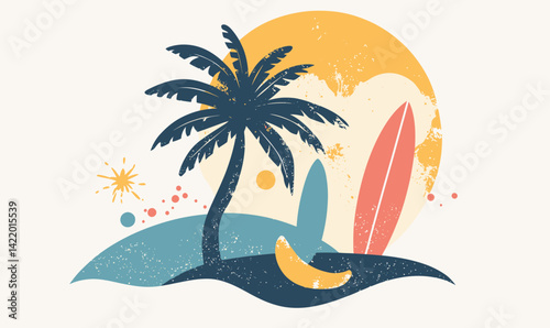 Tropical Surfing Paradise Vector with Palm Trees and Boho Elements for Summer Travel