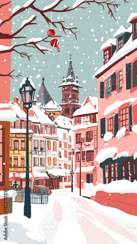 Charming Strasbourg Winter Christmas Cityscape with Landmarks in Vintage Style